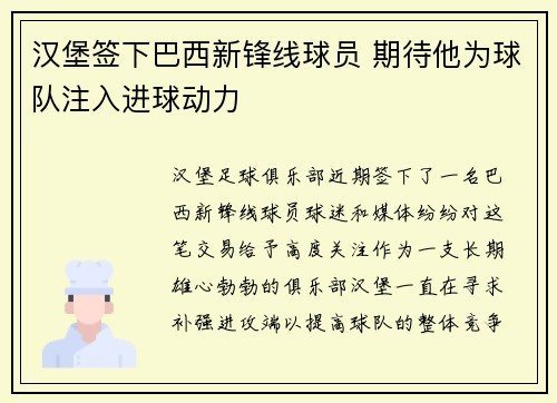 汉堡签下巴西新锋线球员 期待他为球队注入进球动力