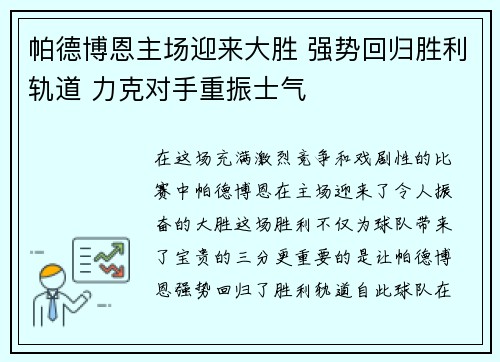 帕德博恩主场迎来大胜 强势回归胜利轨道 力克对手重振士气